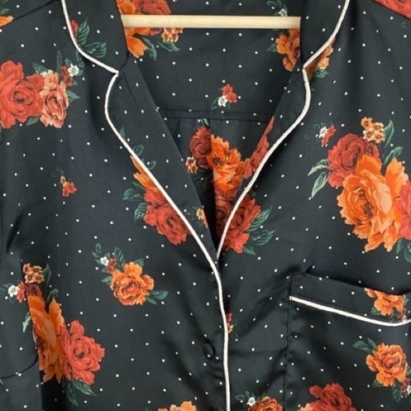 Black Satin Floral Pajama Blouse - Picture 6 of 12